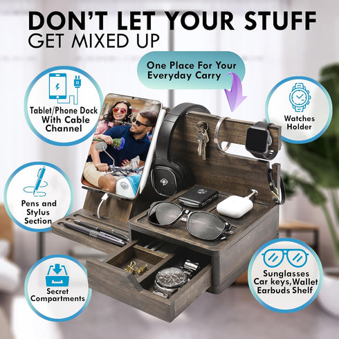 Nightstand Organizer - Rustic Bedside Organizer for Cellphone, Watch, Sunglasses & Accessories, Unique Gifts for Dad or