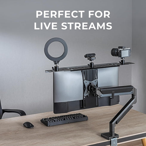 HumanCentric 100x100mm DSLR Monitor Mount Extra Large, Desk Camera Mounting, Light Webcam, Microphone Shelf for Monitor