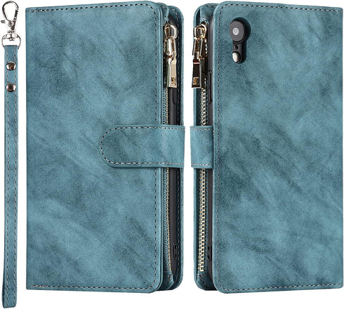 Jaorty Wallet Case for iPhone XR, Magnetic Leather Cover with 9 Card Slots, Wrist Strap, Stand Feature, Blue