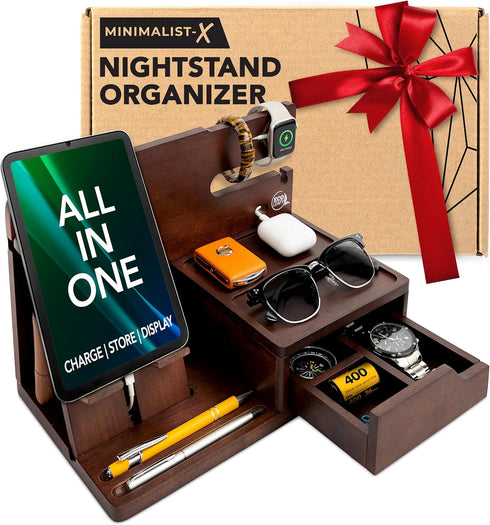 Nightstand Organizer- Bedside Docking Station for Men- Unique Gifts for Husband, Father