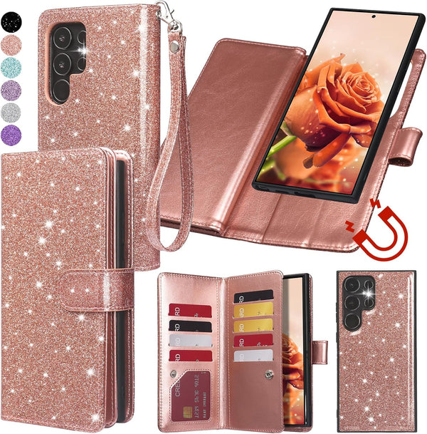 Varikke Detachable Wallet Case for Galaxy S22 Ultra, Glitter Leather Strap Magnetic Flip Cover for Women - Rose Gold