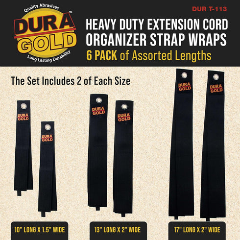 Dura-Gold Heavy Duty Extension Cord Organizer Strap Wraps, 6 Pack of Assorted Lengths - Storage Strap Holder for Cords, Hoses, Rope, Cables, Tools - Wall Hanger, Garage Organization Indoors & Outdoors by Dura-Gold