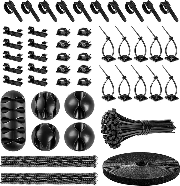 Cable Management Organizer Kit, 2 Cable Sleeve Split with 41 Self Adhesive Cable Clips, 100 Fastening Cable Ties