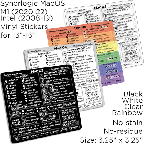 Synerlogic Mac OS Reference Keyboard Vinyl Shortcut Stickers, Compatible with MacBook Pro Air iMac Mini (4-Pack