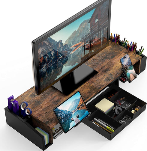 Simple Houseware Rustic Brown Desk Dual Monitor Stand Riser with Drawer