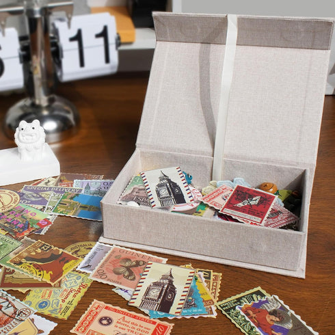 Linen Photo Storage Box 4x6, Beige Memory Box for Photos, Pictures, Certificates, Scrapbooking Supplies, Keepsakes,