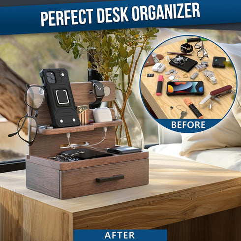 BARVA Wood Docking Station for Men, Gifts for Dad, Nightstand Organizer with Drawer, Charging Dock for Phone and Watch