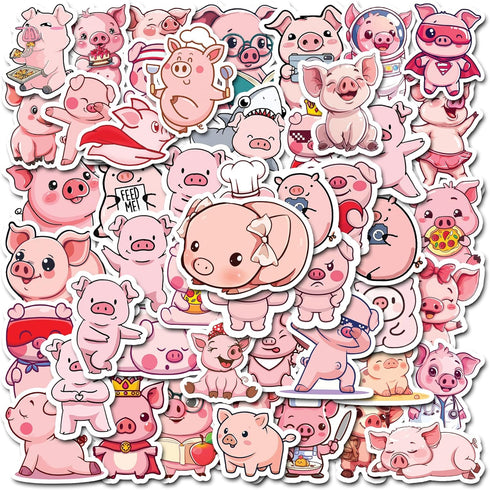 50 PCS Pig Stickers, Waterproof Decal Vinyl Cute Animal Kawaii Cartoon Pink Piggy Sticker Decoration for Water Bottles,
