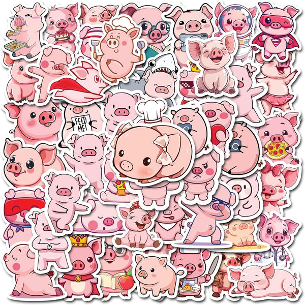 50 PCS Pig Stickers, Waterproof Decal Vinyl Cute Animal Kawaii Cartoon Pink Piggy Sticker Decoration for Water Bottles,