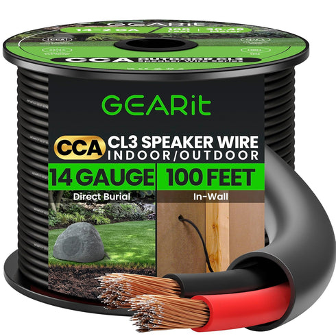 GearIT 14/2 Speaker Wire (100 Feet), 14 Gauge Copper Clad Aluminum, Outdoor Direct Burial, CL3 CL2 Rated, Black