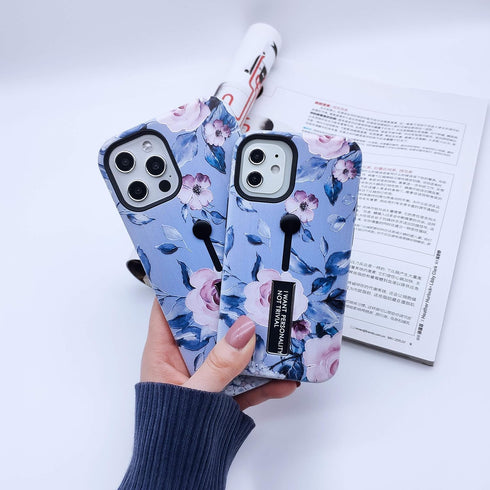Compatible with iPhone 12 Pro Max Case, Rugged Shockproof Slim Fit Dual Layer, 3D Embossed Pink Flowers Blue Shell