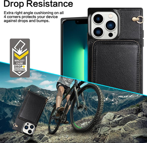 iPhone 13 Pro Max Leather Wallet Case, 6.7-Inch Zipper Shockproof Card Holder & Anti-Theft Lanyard, Crossbody Bag Black