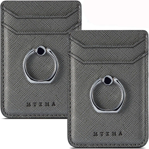 BIAJIYA RFID Blocking Card Holder for Back of Phone with Ring, Leather Stick on Wallet for iPhone/Android (Gun-Metal