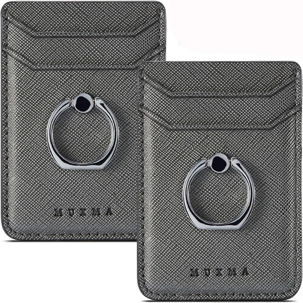 BIAJIYA RFID Blocking Card Holder for Back of Phone with Ring, Leather Stick on Wallet for iPhone/Android (Gun-Metal