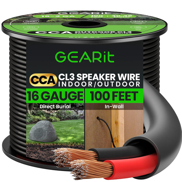 GEARit 16/2 Speaker Wire (100 Feet), 16 Gauge Copper Clad Aluminum, Outdoor Direct Burial, CL3 CL2 Rated, Black