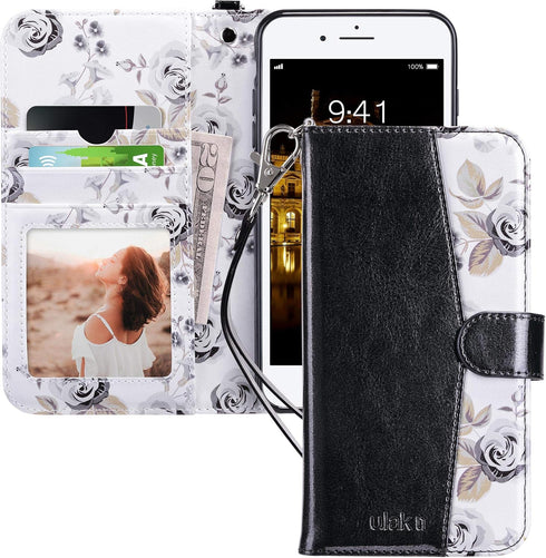 ULAK Wallet Case for iPhone 8 Plus/7 Plus - Premium PU Leather Flip Cover with Card Holders, Black