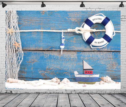 BELECO 5x3ft Fabric Nautical Backdrop Life Buoy and Toy Boat Shells on Blue Wooden Background Phtography Backdrop