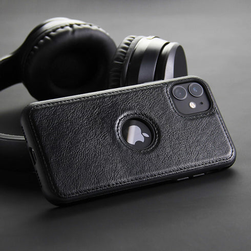 Retro Leather Case for iPhone 11 - Anti-Knock Back Cover, Soft TPU Business Shell (Black)