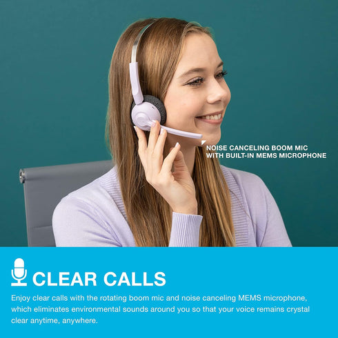 Headset, 50+ JLab Go Work Pop On-Ear Wireless Lilac, Hours Playtime, Bluetooth Multipoint, Rotating Boom Mic, Noise