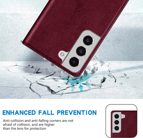 ZZXX Wallet Case for Samsung Galaxy S22 Plus, Wine Red Magnetic Leather Flip with RFID Blocking Card Slot Stand