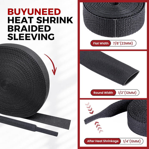 BuyUneed 2:1 (1/2" 30ft) Braided Sleeving Shrinkable Fabric Heat Shrink Tubing- Abrasion Protection Flexibility Wiring