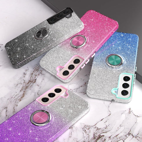 Galaxy S22 Case, Slim Fit Glitter Sparkly Cover with 360° Ring Holder Kickstand for Girls Women (Blue)