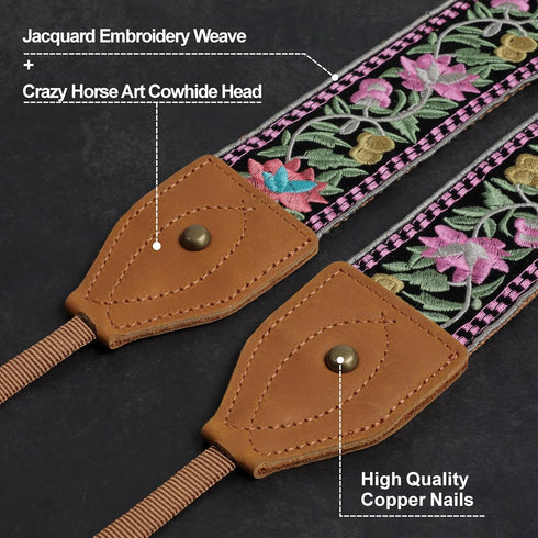 Padwa Lifestyle Embroidered Flower Camera Strap - 2" Wide Vintage Cowhide Strap for DSLR/SLR Cameras