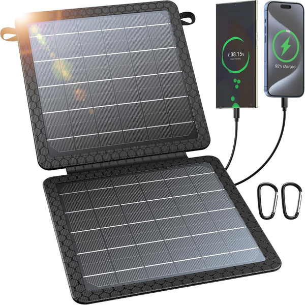 BLAVOR 10W Portable Solar Charger, Small Foldable Solar Panel with USB-C USB-A Outputs, Compatible with Cell Phone
