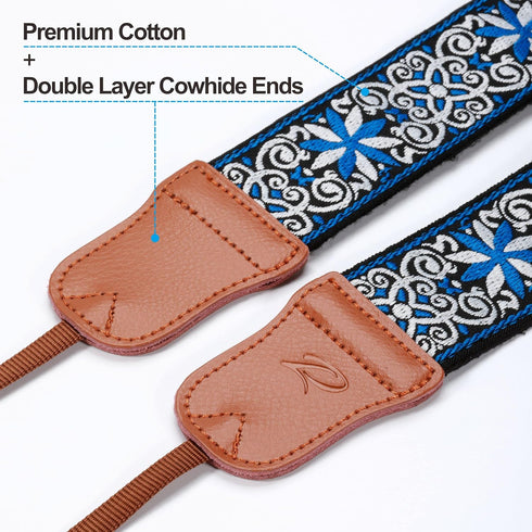 Padwa Lifestyle Camera Strap - 2" Cowhide Leather Head Ends Cotton Straps for Photographers, Adjustable Neck & Crossbody