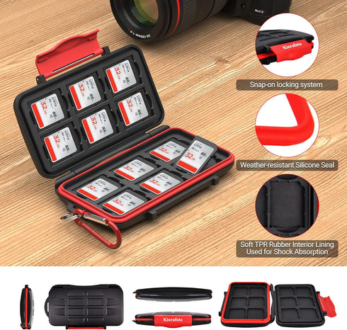 Kiorafoto 12 Slots SD SDHC SDXC Card Holder Case, Professional Water-Resistant Anti-Shock Memory Card Storage Protector