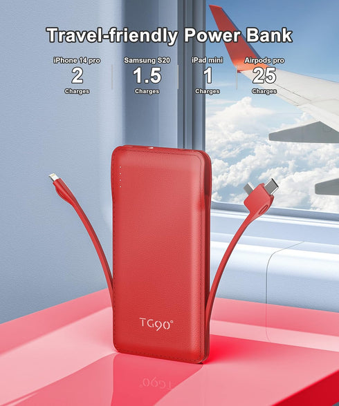 TG90° Portable Charger 10000mAh Cell Phone Battery Backup, Ultra Slim Power Bank with Built-in Cables for iPhone16/15