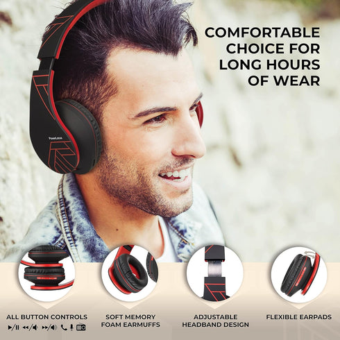 PowerLocus Bluetooth Over-Ear Headphones, Wireless and Wired Headsets with Built-in Mic, Micro SD/TF, FM (Black/Red)