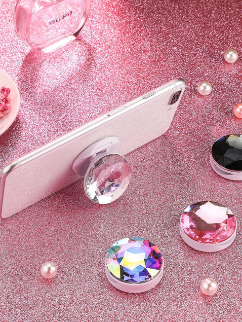 4 Pieces Disco Crystal Phone Grip, Collapsible Adhesive Holders for Smartphone and Tablets (White, Pink, Black, Rainbow)