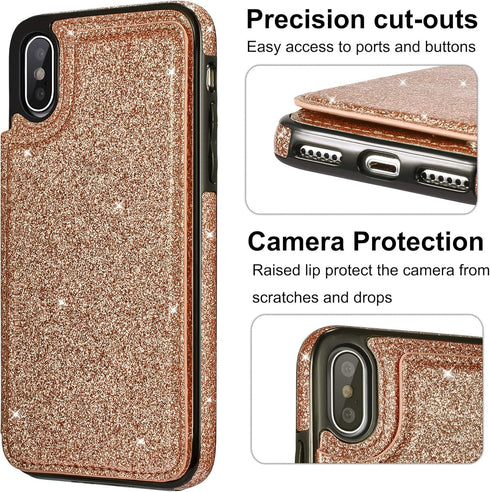 UEEBAI Case for iPhone X/XS - Premium Glitter PU Leather Wallet Cover with Card Slots, Rose Gold
