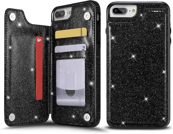 UEEBAI Case for iPhone 7 Plus 8 Plus, Premium Glitter PU Leather Wallet Cover with Card Slots, Black