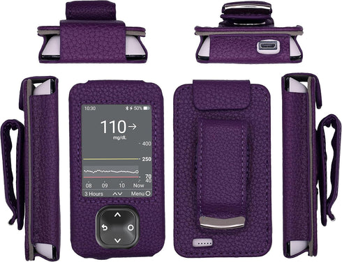 Dexcom G7/G6 Receiver Fitted Leather Case with Screen Protector & Lanyard (Purple)