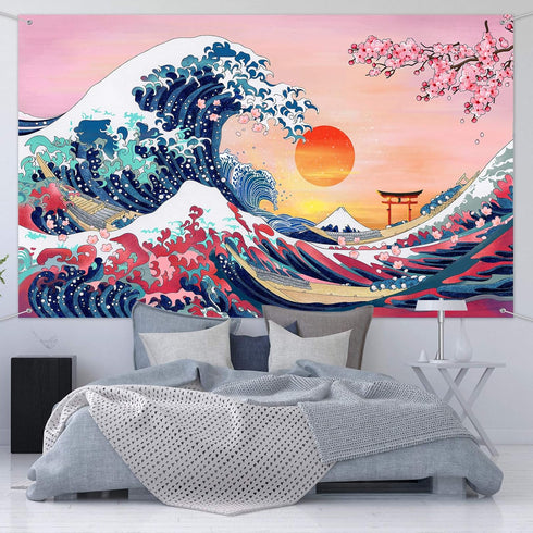 Ocean Wave Tapestry - Japanese Kanagawa Great Wave Cherry Blossom Nature Sunset Background Wall Hanging, 72.8 x 43.3