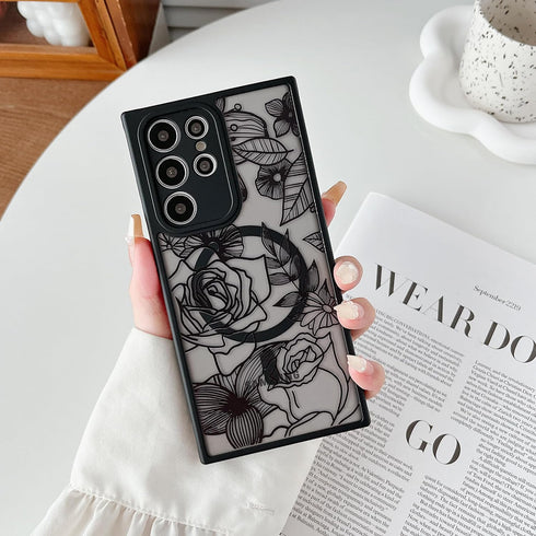 XIZYO Floral Rose Magnetic Case for Samsung Galaxy S23 Ultra, Slim TPU, Shockproof, MagSafe Compatible, Black Aesthetic.