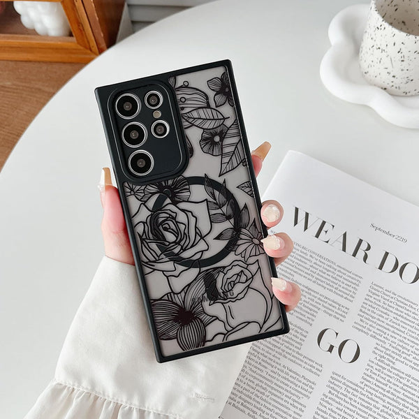 XIZYO Floral Rose Magnetic Case for Samsung Galaxy S23 Ultra, Slim TPU, Shockproof, MagSafe Compatible, Black Aesthetic.