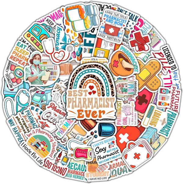 Pack of 50 PCS Waterproof Pharmacist Stickers, Vinyl Medical Themed Graphics for Phone Case Laptop Water Bottles