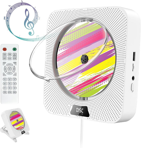 Portable CD Player with Bluetooth, Wall Mountable, FM Radio, Built-in Speakers, USB Port, AUX Input