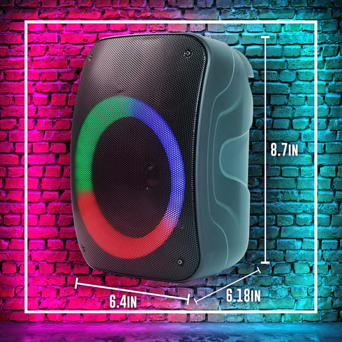 QFX PBX-126 TWS Bluetooth Rechargeable Portable 10-Watt Speaker with a 4” Woofer, Microphone Input, AUX Input, USB Input, TF Card Input, FM Radio, and LED Party Lights, Black