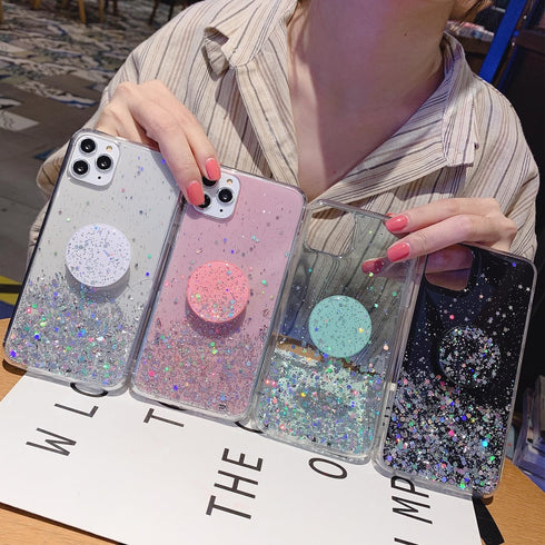 Expanding Phone Socket Mount Holder (Black) - Glitter Sparkle Bling, Collapsible Stand, Finger Foldable Grip for
