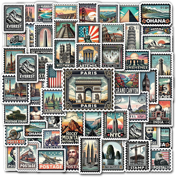 Pack 50 PCS Stamp Sticker Print Envelopes, Waterproof Vinyl Decals Vintage Items for Kids Teens Adults, Labels for