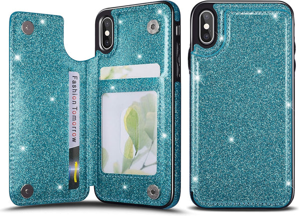 UEEBAI Case for iPhone XR, Premium Glitter PU Leather Wallet Cover with Card Slots, Stand Function, Blue#2