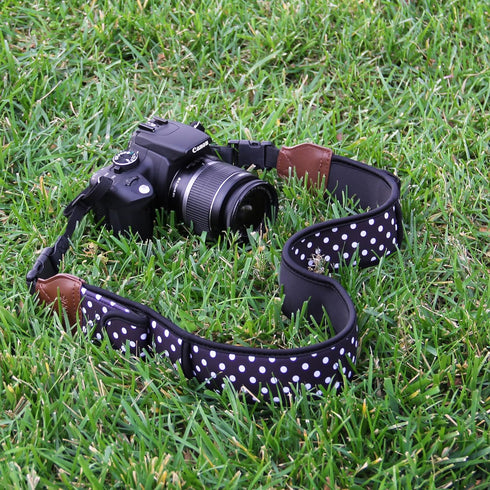 USA Gear TrueSHOT Neoprene Camera Neck Strap - Padded with Pockets and Quick Release Buckles (Polka Dot)