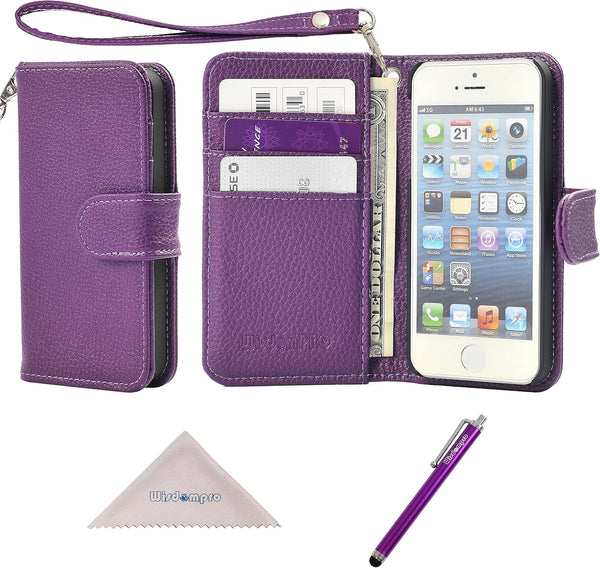 Wisdompro Wallet Case for iPhone 5, 5s, SE 2016, PU Leather Protective Cover with Credit Card Slots, Purple