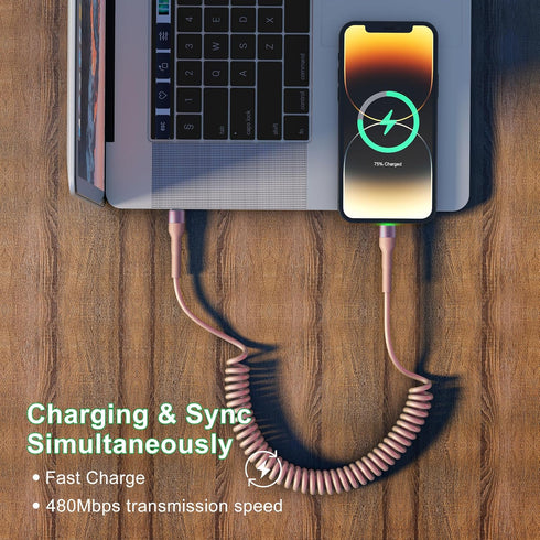 Coiled USB C to Lightning Cable 3Ft, Short iPhone Charger for Car Apple CarPlay, Pink with Data Sync & LED