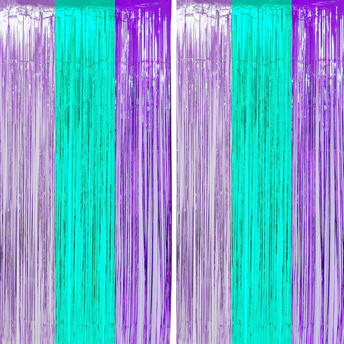 Teal Purple Tinsel Foil Fringe Curtains - Under The Sea Baby Shower Birthday Photo Backdrops, Wedding Summer Beach Pool